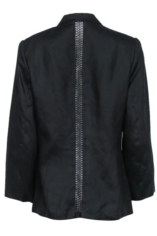 Genny - Black Flax Woven Three Button Blazer w/ Crochet Trim Sz 12