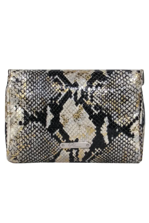Gigi New York - Beige, Black & Gold Snakeskin Print Fold Over Chain Crossbody