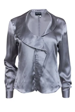Giorgio Armani - Light Gray Silk Blouse w/ Draped Shawl Collar Sz 8