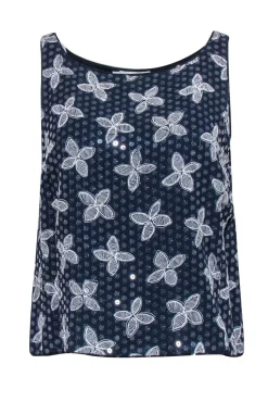 Giorgio Armani - Navy w/ Cream Floral Print & Transparent Sequins Tank Sz 10