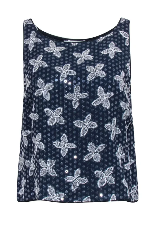 Giorgio Armani - Navy w/ Cream Floral Print & Transparent Sequins Tank Sz 10