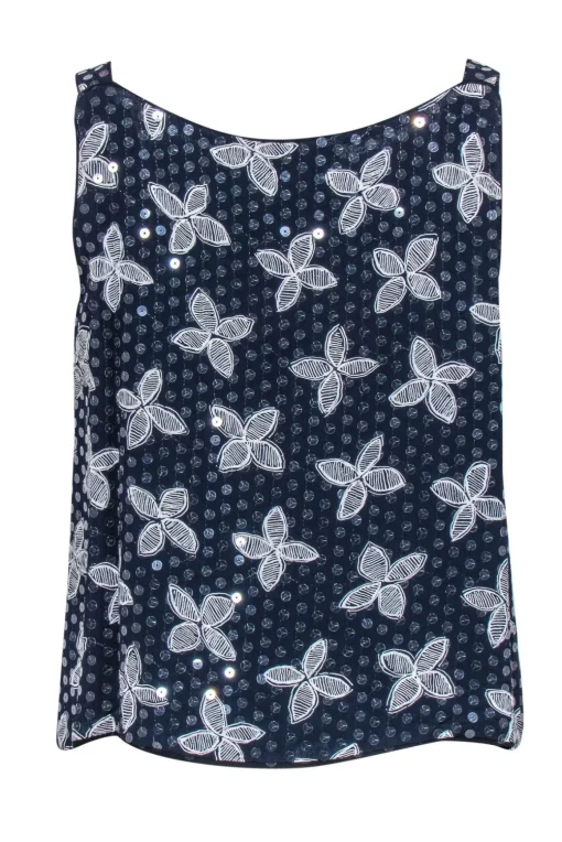 Giorgio Armani - Navy w/ Cream Floral Print & Transparent Sequins Tank Sz 10
