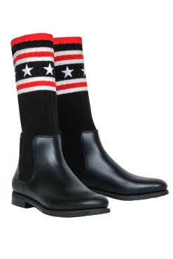 Givenchy - Black Rubber & Ribbed Sock-Style Boots w/ Stars & Stripes Print Sz 8