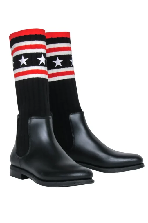 Givenchy - Black Rubber & Ribbed Sock-Style Boots w/ Stars & Stripes Print Sz 8