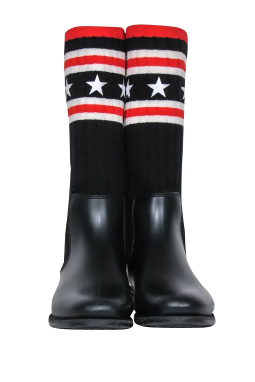 Givenchy - Black Rubber & Ribbed Sock-Style Boots w/ Stars & Stripes Print Sz 8