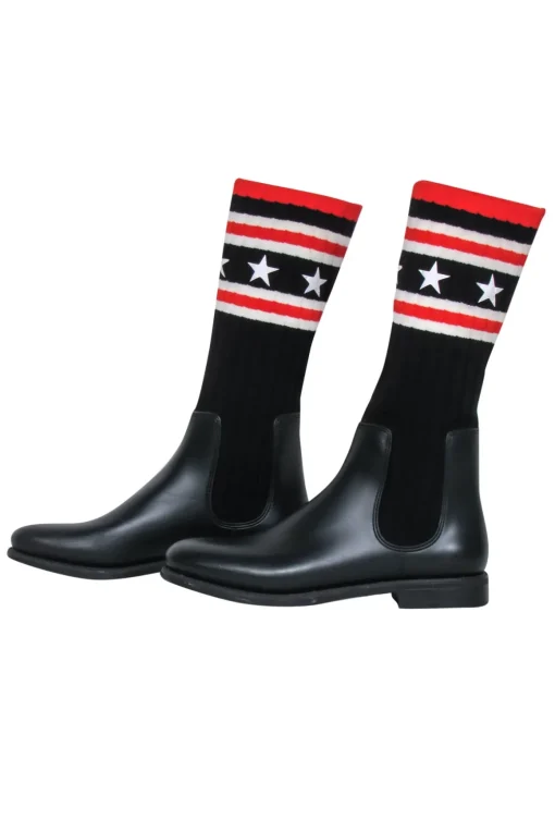 Givenchy - Black Rubber & Ribbed Sock-Style Boots w/ Stars & Stripes Print Sz 8