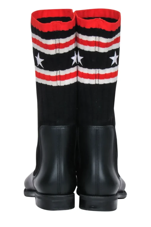Givenchy - Black Rubber & Ribbed Sock-Style Boots w/ Stars & Stripes Print Sz 8