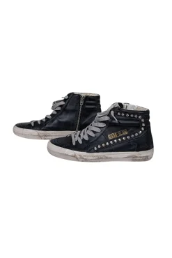 Golden Goose - Black Leather Slide Mid-Top Leather Stud Sneakers Sz 7