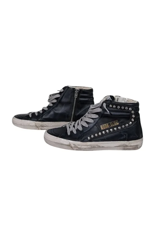 Golden Goose - Black Leather Slide Mid-Top Leather Stud Sneakers Sz 7
