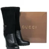 Gucci - Black Leather & Ribbed Knit Fold-Over Wedge Boots Sz 7