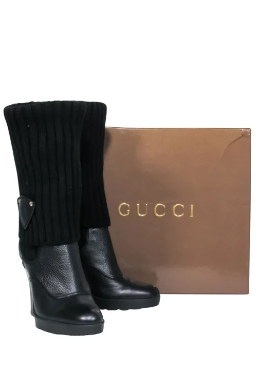 Gucci - Black Leather & Ribbed Knit Fold-Over Wedge Boots Sz 7