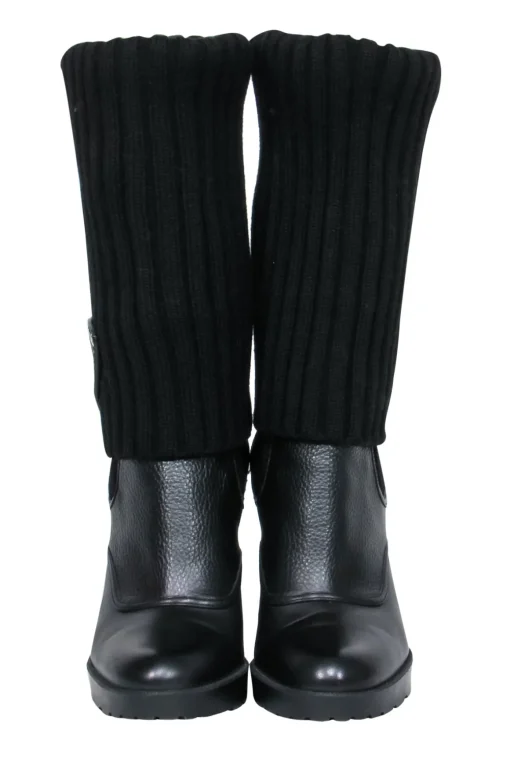 Gucci - Black Leather & Ribbed Knit Fold-Over Wedge Boots Sz 7