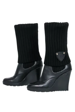 Gucci - Black Leather & Ribbed Knit Fold-Over Wedge Boots Sz 7
