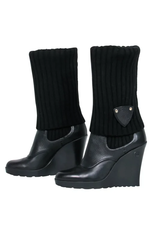 Gucci - Black Leather & Ribbed Knit Fold-Over Wedge Boots Sz 7