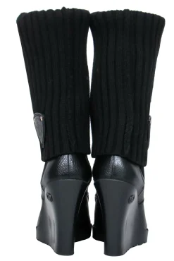 Gucci - Black Leather & Ribbed Knit Fold-Over Wedge Boots Sz 7