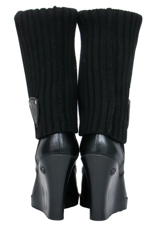 Gucci - Black Leather & Ribbed Knit Fold-Over Wedge Boots Sz 7