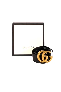 Gucci - Black Leather Belt w/ Large Brass Monogram Logo Buckle Sz L