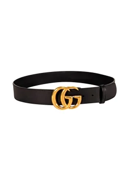 Gucci - Black Leather Belt w/ Large Brass Monogram Logo Buckle Sz L
