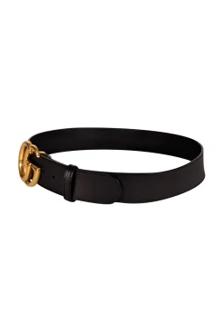 Gucci - Black Leather Belt w/ Large Brass Monogram Logo Buckle Sz L