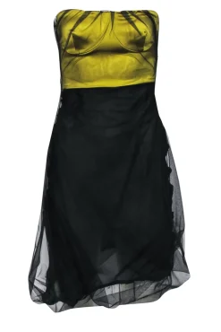 Gucci - Black Organza Strapless Midi Dress w/ Chartreuse Bodice Sz 4