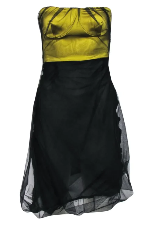 Gucci - Black Organza Strapless Midi Dress w/ Chartreuse Bodice Sz 4