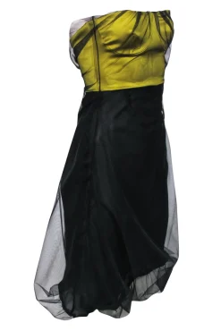 Gucci - Black Organza Strapless Midi Dress w/ Chartreuse Bodice Sz 4