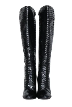 Gucci - Black Snake Skin Textured Leather Stiletto Tall Boots Sz 9