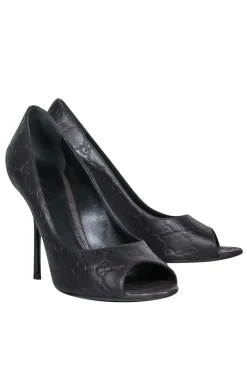 Gucci - Brown Leather Logo Embossed Peep Toe Pumps Sz 8.5
