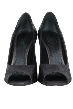 Gucci - Brown Leather Logo Embossed Peep Toe Pumps Sz 8.5