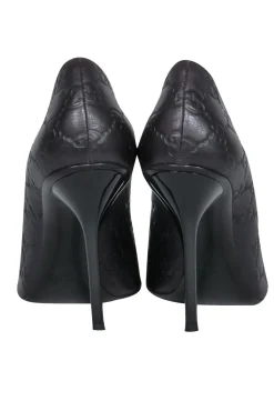 Gucci - Brown Leather Logo Embossed Peep Toe Pumps Sz 8.5