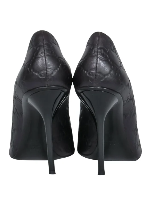 Gucci - Brown Leather Logo Embossed Peep Toe Pumps Sz 8.5
