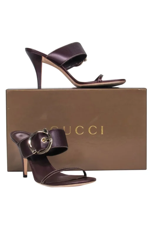 Gucci - Burgundy Leather Strappy Heeled “Juanita” Sandals w/ Buckle Sz 9