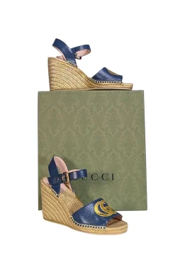 Gucci - Gold & Navy Espadrille Wedge Sandals Sz 9