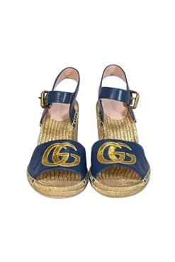 Gucci - Gold & Navy Espadrille Wedge Sandals Sz 9