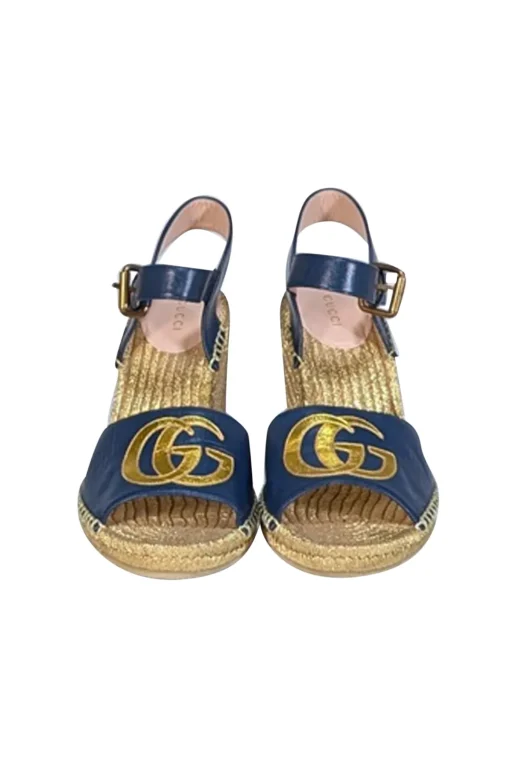 Gucci - Gold & Navy Espadrille Wedge Sandals Sz 9