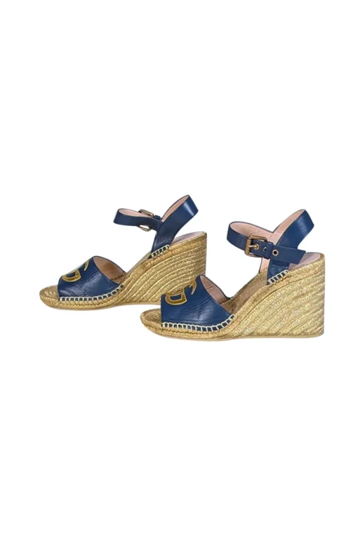 Gucci - Gold & Navy Espadrille Wedge Sandals Sz 9