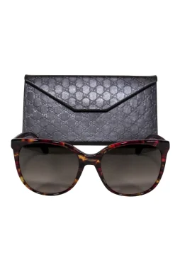 Gucci - Maroon Tortoise Shell Round Sunglasses