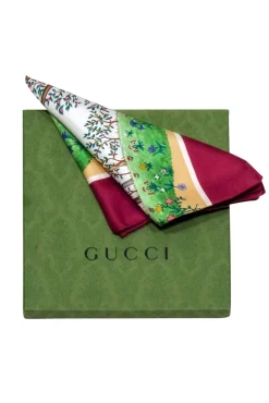 Gucci - Maroon Trim w/ Multi Color Tree Print Silk Scarf