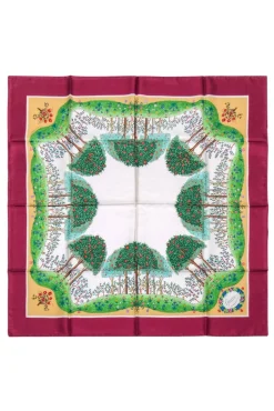 Gucci - Maroon Trim w/ Multi Color Tree Print Silk Scarf