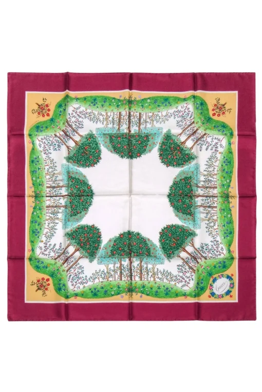 Gucci - Maroon Trim w/ Multi Color Tree Print Silk Scarf
