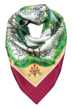 Gucci - Maroon Trim w/ Multi Color Tree Print Silk Scarf
