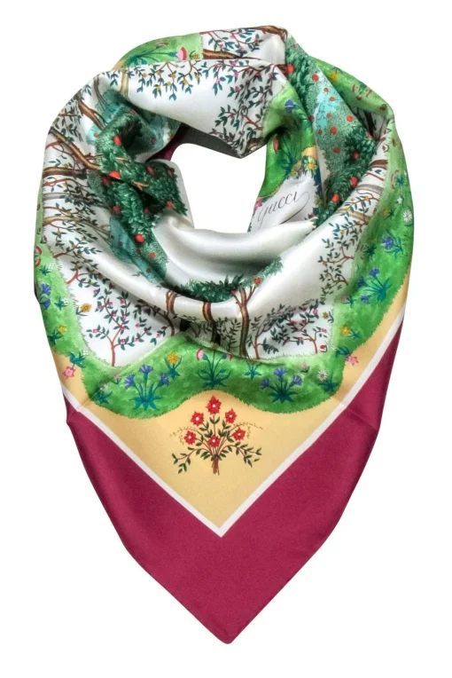 Gucci - Maroon Trim w/ Multi Color Tree Print Silk Scarf
