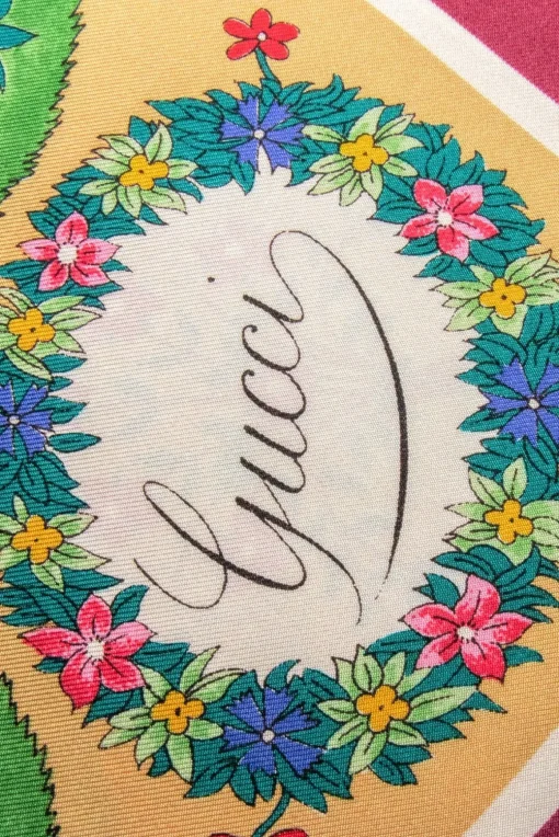 Gucci - Maroon Trim w/ Multi Color Tree Print Silk Scarf