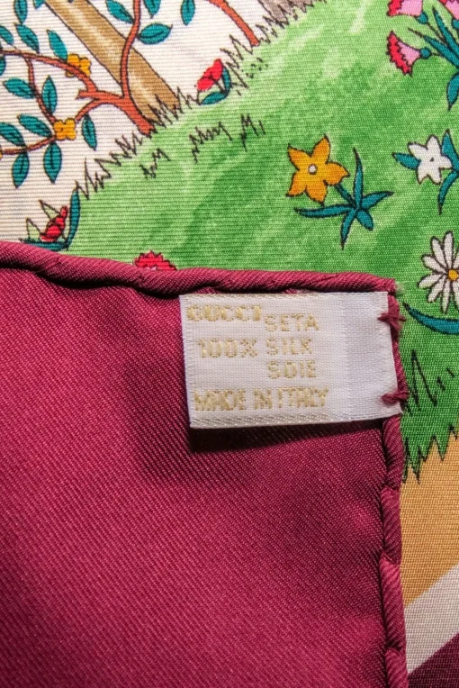 Gucci - Maroon Trim w/ Multi Color Tree Print Silk Scarf