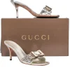 Gucci - Silver Embossed Logo Buckle Front Open Toe Pumps Sz 6.5