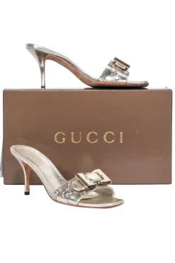 Gucci - Silver Embossed Logo Buckle Front Open Toe Pumps Sz 6.5