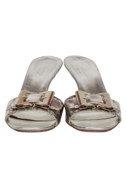 Gucci - Silver Embossed Logo Buckle Front Open Toe Pumps Sz 6.5
