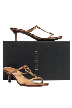 Gucci - Tan Leather Kitten Heel Sandal w/ Gold-Toned Hardware Sz 6.5