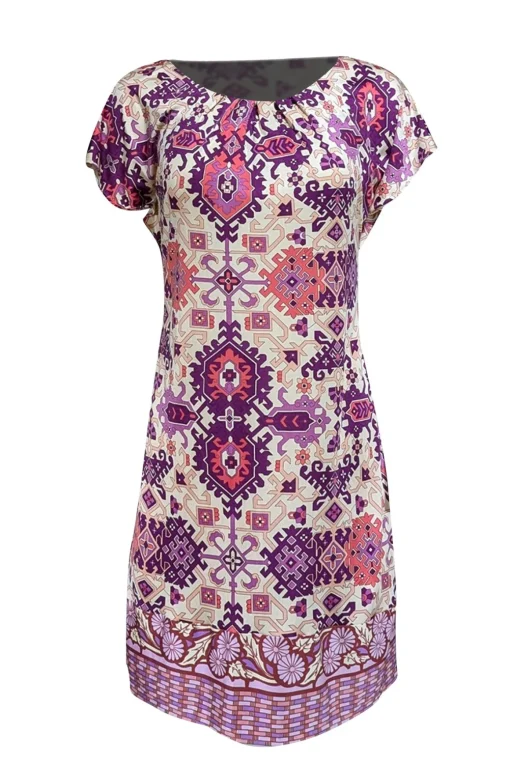 Hale Bob - Beige, Purple, & Cream Abstract Print Silk Dress Sz M