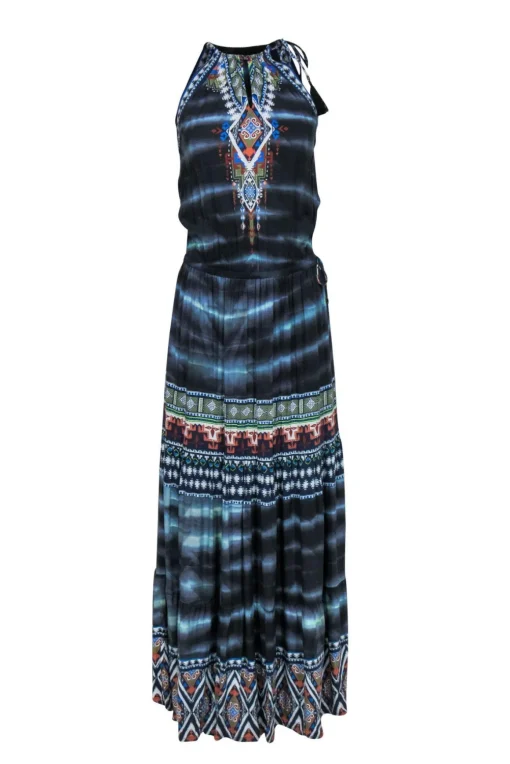 Hale Bob - Blue Bohemian Print Sleeveless Maxi Dress w/ Tassels Sz XS